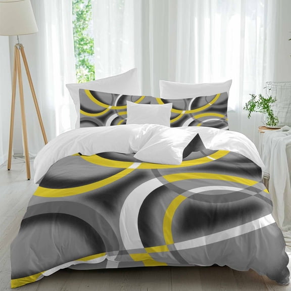 Modern Abstract Art Queen Size Comforter Set, Yellow Grey Geometric Circle Bedding for All Seasons, 4 Pcs Bed Set, 1Quiltcover (90"x92") ,1Sheet(94"x116"), 2Pillowcases (30"x20")
