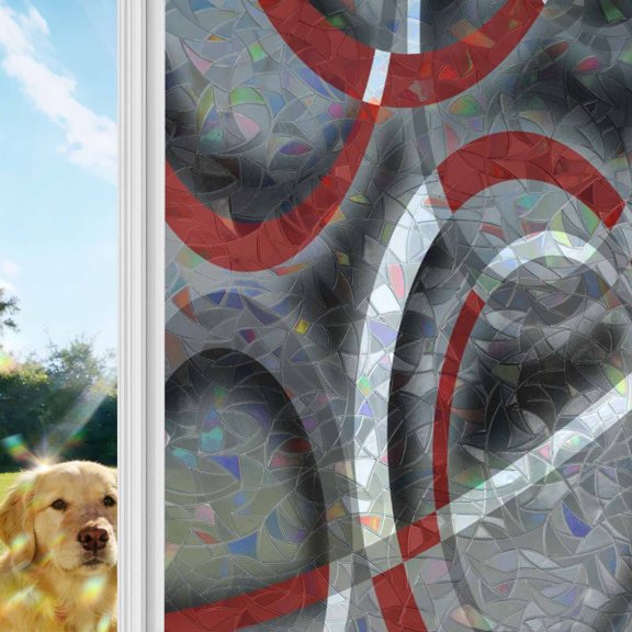 Modern Abstract Art Rainbow Window Privacy Film, Geometric Circle Red Grey Stained Glass Window Film, Sun Blocking Glass Clings Static Cling Non Adhesive Door Stickers 29.5 x 118 Inches