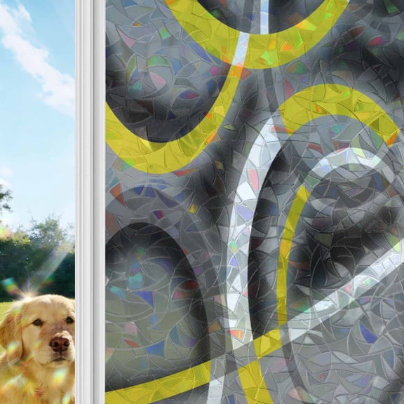 Modern Abstract Art Rainbow Window Privacy Film, Yellow Grey Geometric Circle Stained Glass Window Film, Sun Blocking Glass Clings Static Cling Non Adhesive Door Stickers 29.5 x 118 Inches