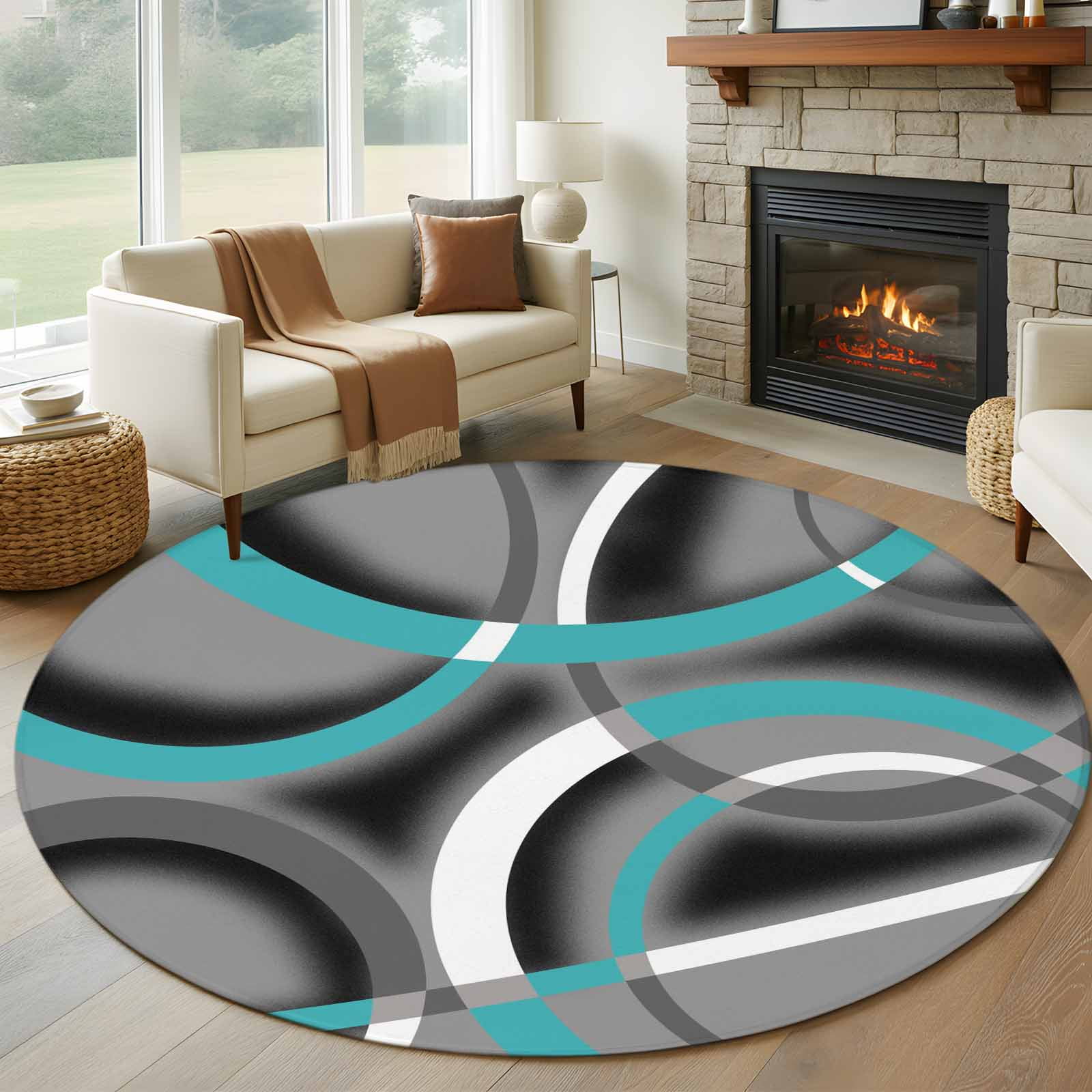 Modern Abstract Art Round Living Room Rugs 5 ft, Retro Blue Grey Geometric Circle Washable Area Rug with Non-Slip Sturdy Edge Binding Round Carpet for Entryway Kitchen Bedroom Bathroom