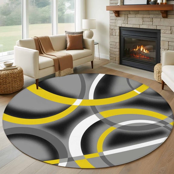 Modern Abstract Art Round Living Room Rugs 6 ft, Yellow Grey Geometric Circle Washable Area Rug with Non-Slip Sturdy Edge Binding Round Carpet for Kitchen Office Bedroom