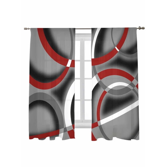 Modern Abstract Art Sheer Curtains 2 Panels Set Geometric Circle Red Grey Lihgt Filtering Rod Pocket Voile Drape, Semi Sheer Window Curtains for Bedroom Living Room, 52"x63"