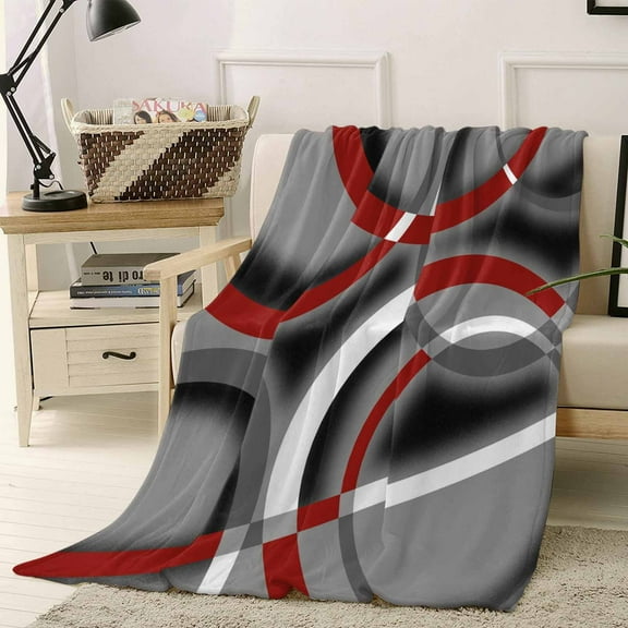 Modern Abstract Art Throw Flannel Blanket 60x80In Geometric Circle Red Grey Super Soft Cozy Bed Blanket, Lightweight Plush Fuzzy Bed Throw for Bedroom Sofa Couch Living Room