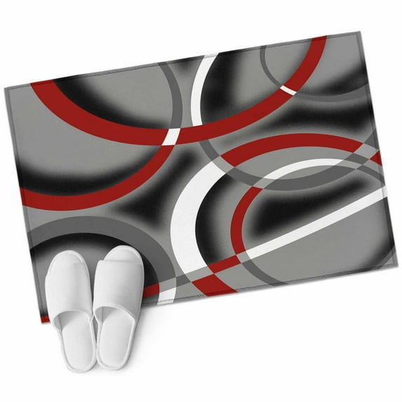 Modern Abstract Art Washable Area Rug 2x3 ft Geometric Circle Red Grey Soft Rectangle Rugs for Living Room, Non Slip Carpet for Bedroom Entryway Dining Room