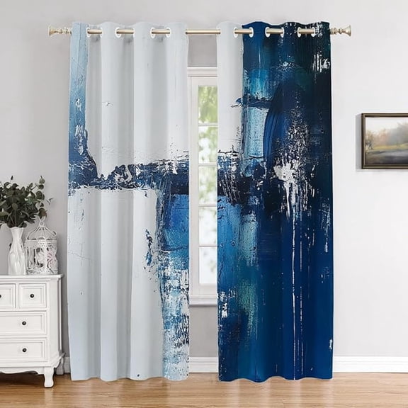 Modern Abstract Artwork Bedroom Curtains, Azure Blue Turquoise Grey Blackout Curtain Polyester Grommet Window Treatment Drapes For Living Room 26"W x 54"L (Pack of 2)
