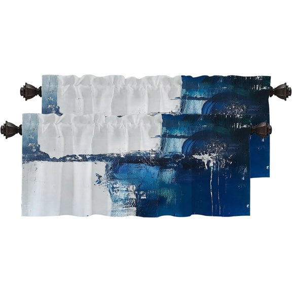 Modern Abstract Artwork Kitchen Valances for Windows, Azure Blue Turquoise Grey Blackout Valances Curtains Multilayer Polyester Drapes for Kitchen Bedroom 2 Pack 52X18 Inches
