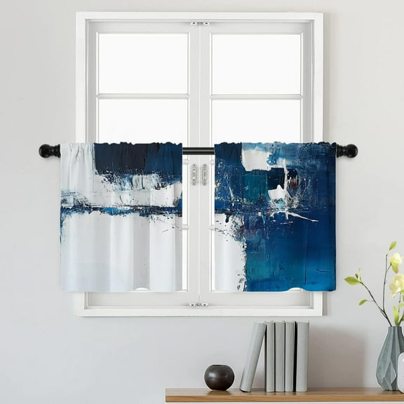 Modern Abstract Artwork Tier Curtains, Azure Blue Grey Turquoise Window Treatment Short Kitchen Curtain Multilayer Polyester Blackout for Living Room/Bathroom, 2 Pack 26x24 inches