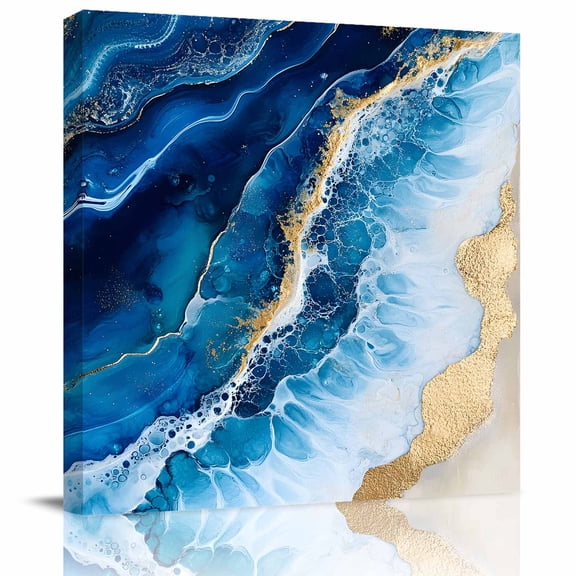 Modern Abstract Beach Sand Wave Canvas Artwork Painting Art, Gold Blue Marble Texture Square Framed Wall Decorations Prints Picture for Bedroom Kitchen Living Room, 8x8 in