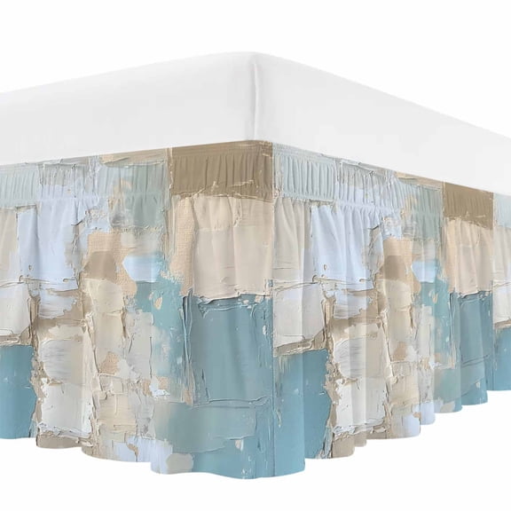 Modern Abstract Bed Skirt Cal King Size, Blue Brown Color Blocks Wrap Around Bed Skirting with Adjustable Elastic Strap, Dust Ruffled Pleated Bedskirts 18 Inch Drop for Bedroom Cal King Beds