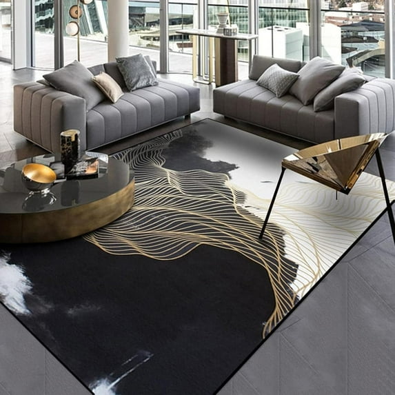 Modern Abstract Black And Beige Gold Lines Area Rug Art Marble Waves Rugs Living Room For Bedroom Dining Home Office Soft Rugs Carpets-1