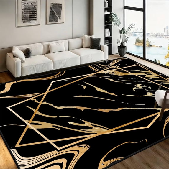 Modern Abstract Black and Gold Area Rug, Luxury Marble Texture Carpet ...
