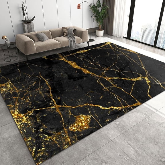 Modern Abstract Black Gold Art Area Rugs For Living Room, Nordic Golden Crack Carpet, Washable Non-Slip Low Pile Breathable Absorbent Mat For Bedroom Kitchen Entryway Hallway 1x2ft