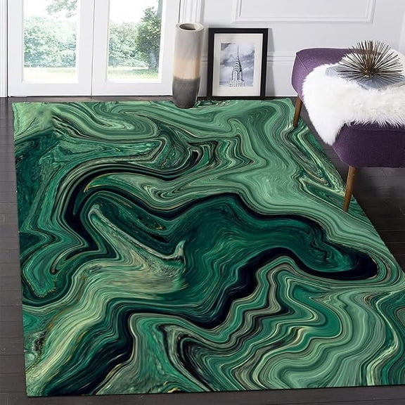 Modern Abstract Black Green Marble Swirl Area Rug For Living Room Bedroom Guestroom Washable Soft Dining Room Carpet Lux Home Office Floor Rug No-Slip Hallway Runners 5 x 7ft