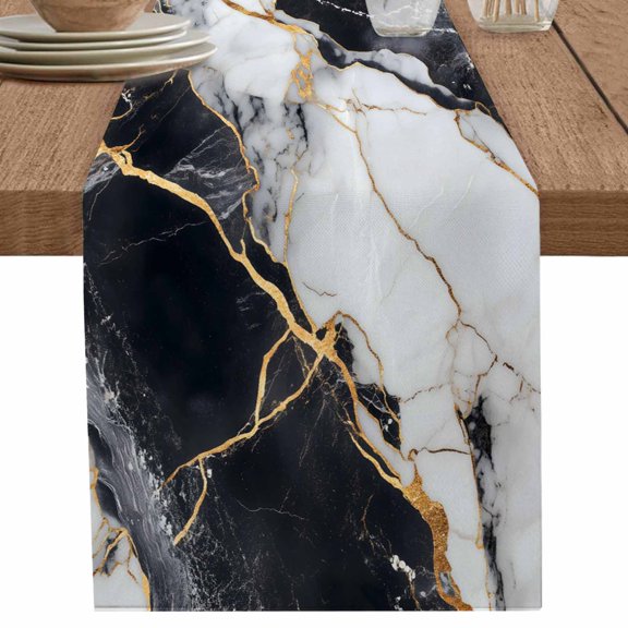 Modern Abstract Black Marble Table Runner-70 Inch Long Gold Line Minimalist Art Table Runners Linen Burlap Tablerunner for Kitchen Dining Room Holiday Party