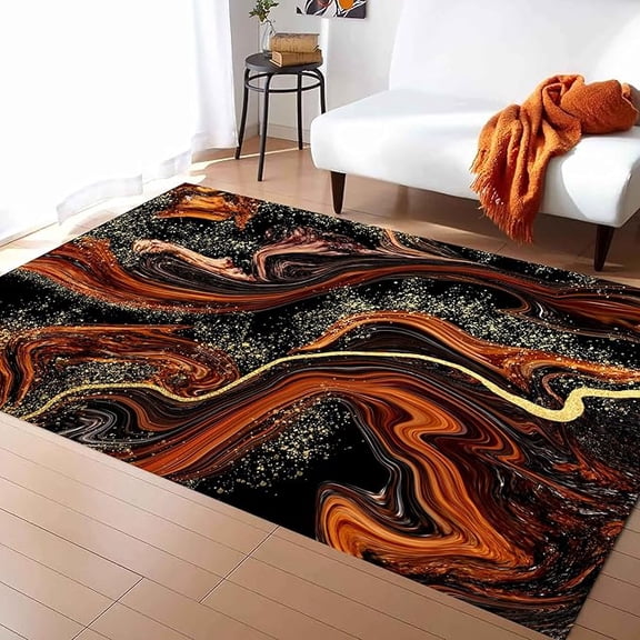 Modern Abstract Black And Red Gold Lines Area Rugs Luxury Stylish Art Marble Waves Kids Area Rug Non-Slip Washable Carpet For Living Dining Dorm Room Bedroom Decor 5' x 7'