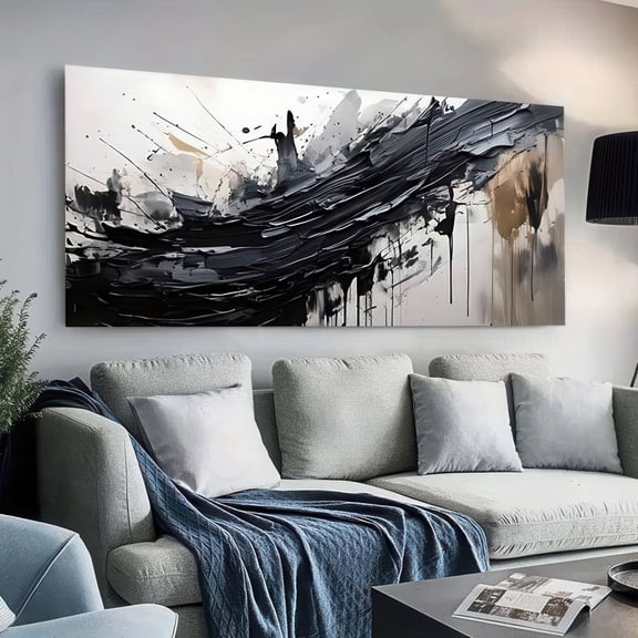 Modern Abstract Black White Gold Canvas Wall Art Framed 48x24 Inch Large Living Room Decor