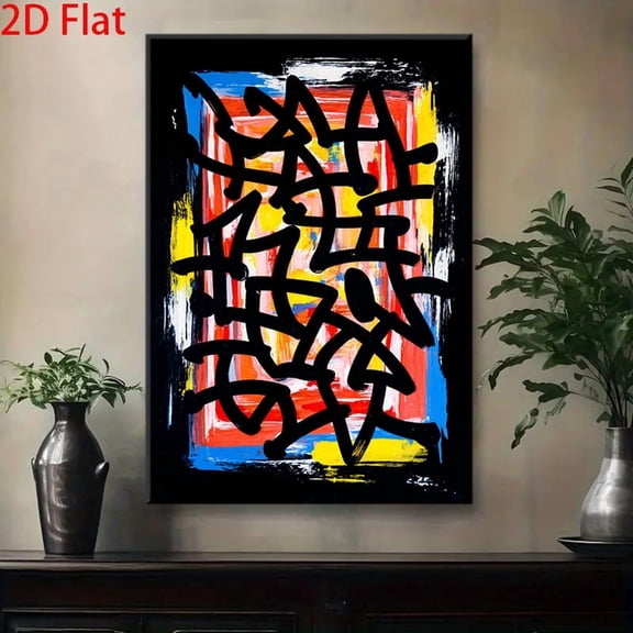 Modern Abstract Black & White Line Art Painting with Red Accent - Bold Black Bottom Line Interwoven Design, Wrapped Canvas Frame, Minimalist Wall Decor for Living Room