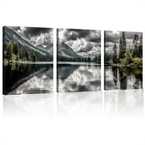 Modern Abstract Black and White Mountain Lake Landscape Canvas Painting - Minimalist Serene Nature Wall Art Poster for Living Room, Bedroom, Office Decor - Large 2D Flat 12*16inch*3pcs