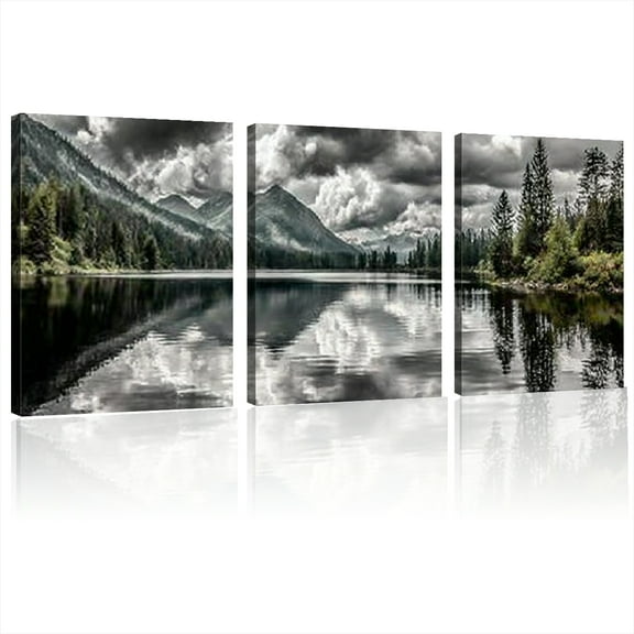 Modern Abstract Black and White Mountain Lake Landscape Canvas Painting - Minimalist Serene Nature Wall Art Poster for Living Room, Bedroom, Office Decor - Large 2D Flat 12*16inch*3pcs