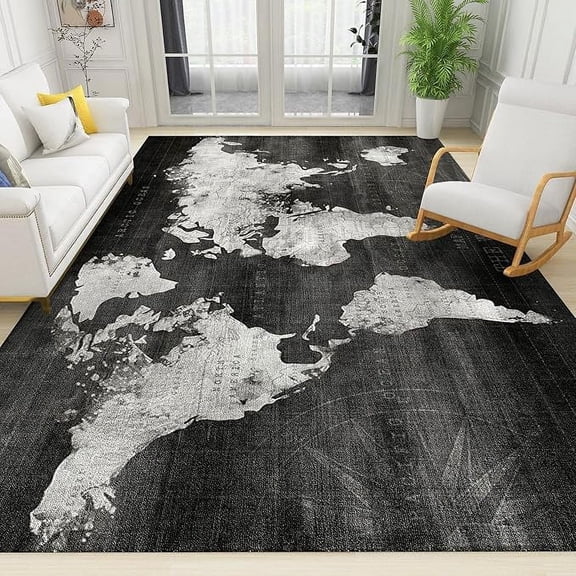Modern Abstract Black White World Map Area Rug, Easy Clean Carpet Washable Indoor Non-Slip Rug For Boys And Girls Nursery Bed Living Room Carpets Nursery Decor 5 x 8ft