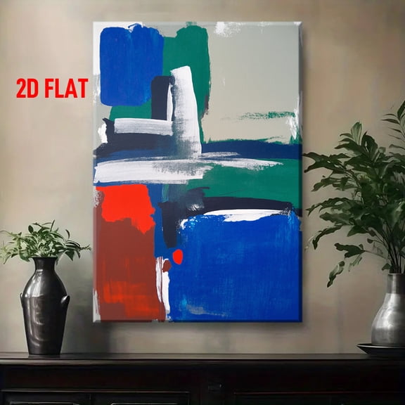 Modern Abstract Blue Green Red Black White Brown Beige Geometric Brush Stroke Wall Art Painting - Wrapped Canvas Frame, Multicolor Muted Tones Abstract Expressionism for