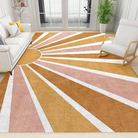 Modern Abstract Bohemian Sunset Area Rug, Boho Sun Rainbow Soft Washable Carpet, Upholstery Rug With Non-Slip Backing For Kids Boys Girls Bedroom Living Room Dining Room Study 1x2ft
