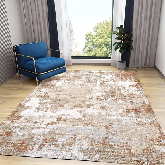 Modern Abstract Boho Orange Area Rug Contemporary Bohemia Distressed Rugs Large Non Slip Machine Washable Decorative Living Room Bedroom Dining Farmhouse 4x6 Carpet Non-slip Soft