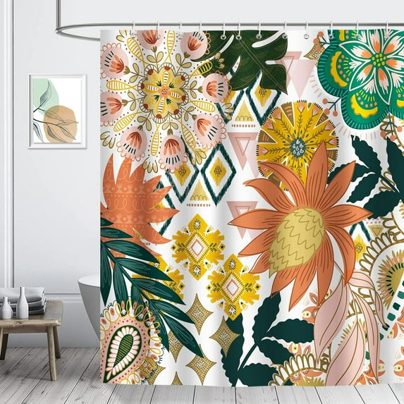 Modern Abstract Boho Shower Curtain Mid Century Tropical Leaves Flowers Decorative Bath Curtain 72 x 84 Inch Polyester Fabric Waterproof Bathroom Curtain with 12 Hooks