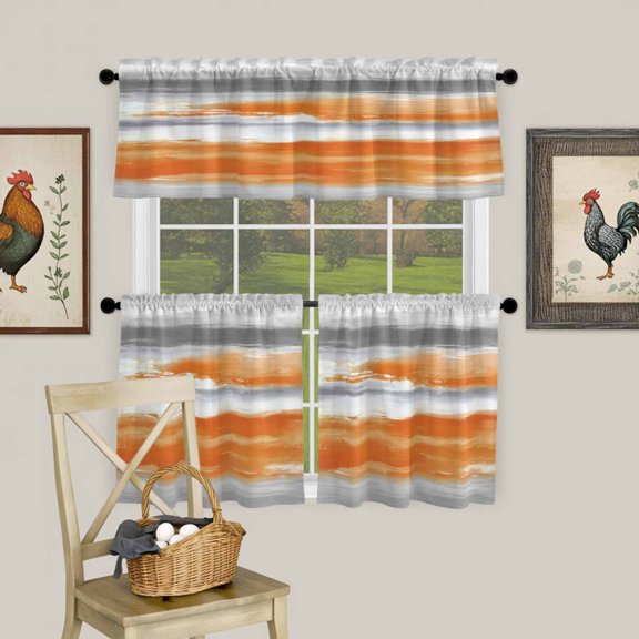 Modern Abstract Canvas Art Curtain Tier and Valance Set 3 Piece, Orange Gray Striped 3-inch Rod Pocket Window Tier Curtains Valance for Kitchen Living Room