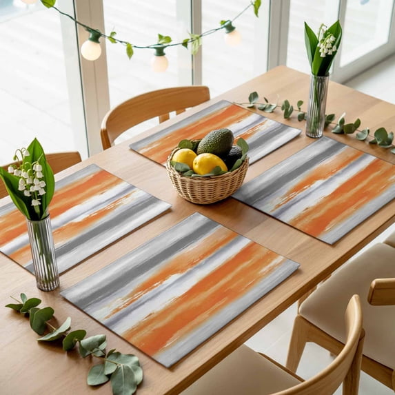 Modern Abstract Canvas Art Placemats Set of 4,Wipeable Washable Table Mats for Dining Tables, Orange Gray Striped Place Mats for Kitchen Event Party Tabletop Decor