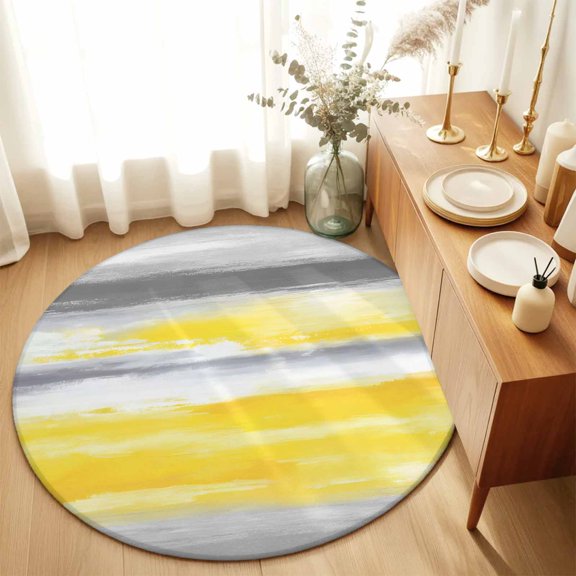 Modern Abstract Canvas Art Round Area Rug 3ft,Living Room Rug Non-Slip Washable Circle Rugs Pad,Yellow Gray Striped Soft Floor Carpet for Bedroom Dining Room