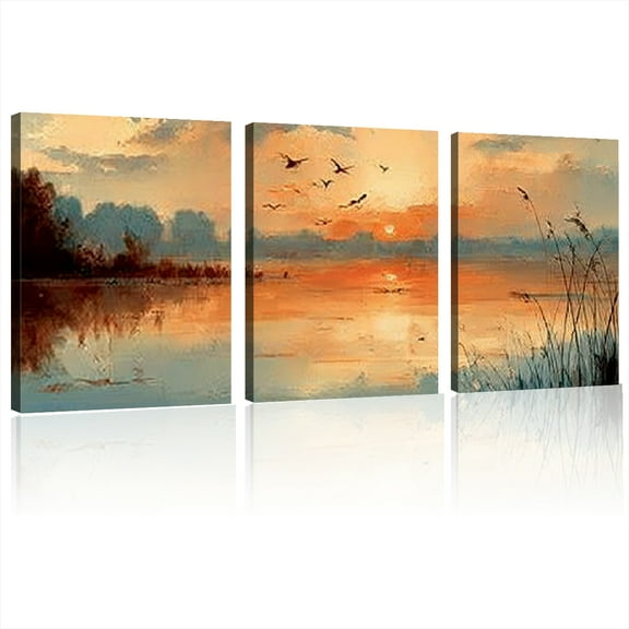 Modern Abstract Canvas Art - Tranquil Nature Scene of Birds and Leaves in Warm Sunset Tones, Perfect for Living Room and Bedroom Wall Decor,Suitable for Office Use,Room Decor 12*16inch*3pcs