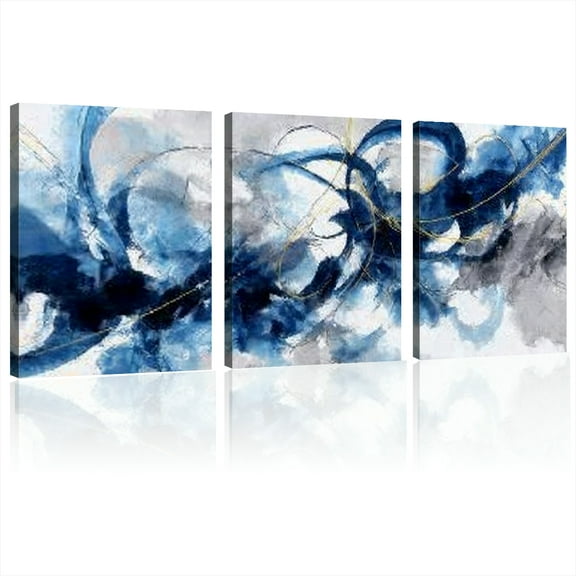 Modern Abstract Canvas Wall Art - Frame Wall Decor Living Room Picture Artwork for Office Bedroom Blue and White Decorative Paintings12x16x3pcs