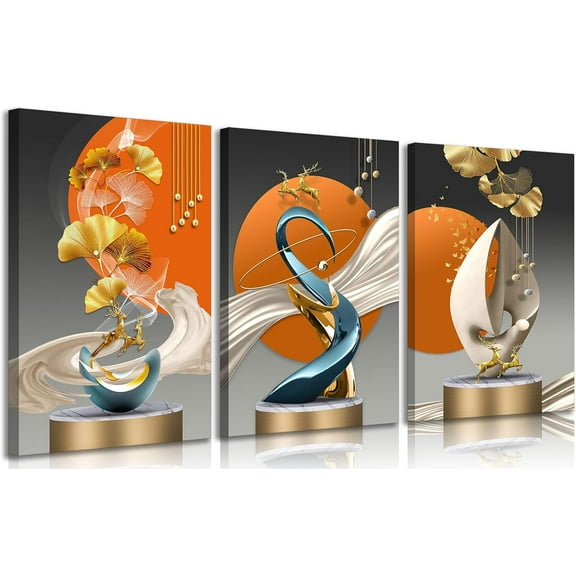 Modern Abstract Canvas Wall Art Golden Deer Ginkgo Leaf Luxury Foil Lines Wall Decor Pictures White Blue Orange Color Posters Prints Paintings for Living Room Bedroom（Only canvas）