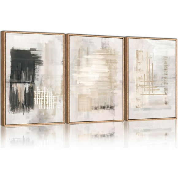 Modern Abstract Canvas Wall Art, Set of 3 Framed Art Prints, Black and White Large Wall Painting, 16x24inch Neutral Minimalist Wall Decor for Living Room, Bedroom, Dining Room, Office, Bathroom