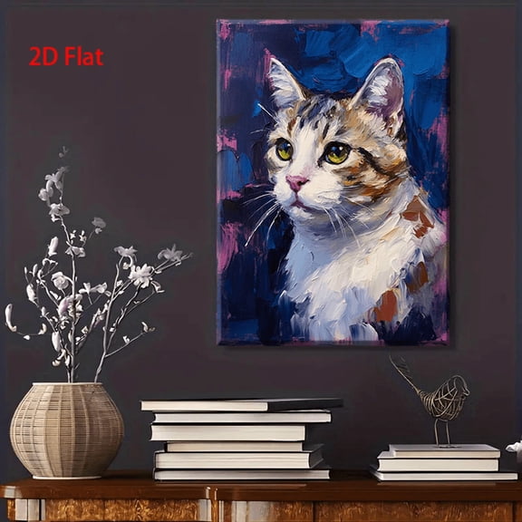 Modern Abstract Cat Wall Art Painting - Vibrant Blue Purple Pink Orange White Tabby Cat with Green Eyes, Wrapped Canvas Framed Animal Portrait for Living Room, Bedroom