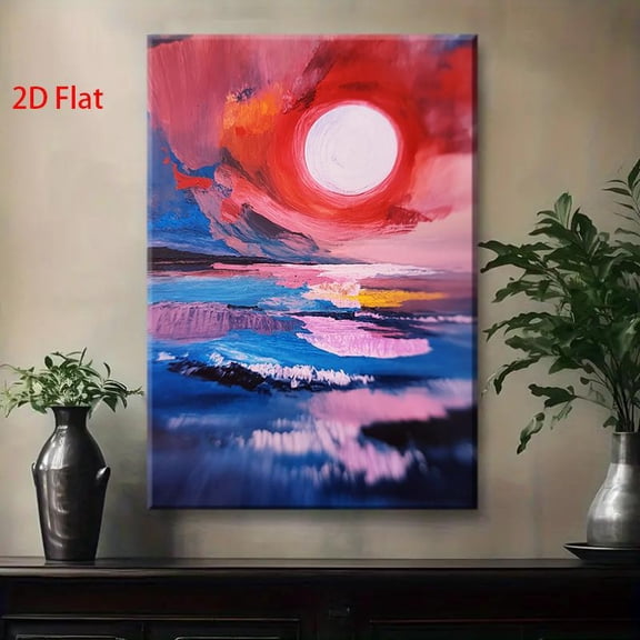 Modern Abstract Coastal Wall Art - Vibrant Red Blue Pink Purple Orange White Ocean Painting, Wrapped Canvas Framed 2D Flat Landscape Decor for Living Room Bedroom