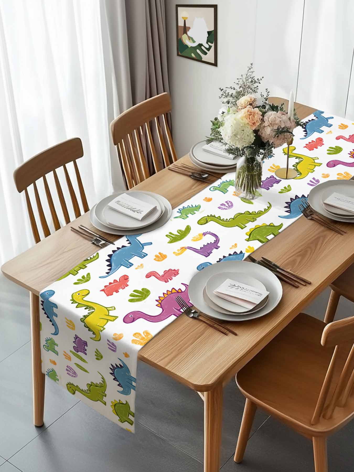 Modern Abstract Colorful Dinosaur Table Runner 90 Inches Long, Classical Cartoon Animal Table Runners Tabletop Scarf Kitchen Dining Tables Decoration for Home Party Indoor Outdoor