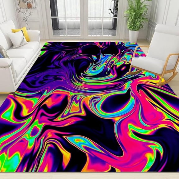 Modern Abstract Colorful Psychedelic Area Rug, Retro Style Wavy Trippy Rugs Carpet for Living Bedroom Dining Room Decor 2 x 3ft