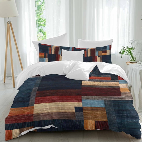 Modern Abstract Comforter Set Queen Size, Geometric Architectural Art Color Blocks in Deep Navy Soft Bedding Set for Man Woman, 4 Pieces Duvet Cover Set with Fitted Sheet, 2 Pillowcases