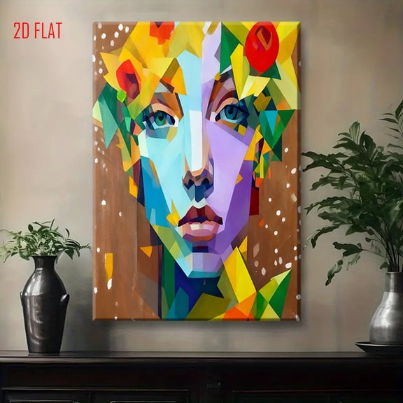 Modern Abstract Cubist Face Mosaic Wall Art - Multicolor Geometric Female Portrait with Red/Yellow/Blue/Green/Purple Hues, White Dot Accent Eyes & Brown Frame - Hand-Painted-Like Texture for