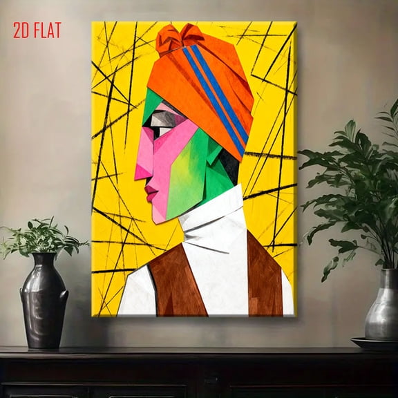 Modern Abstract Cubist-Style Geometric Face Portrait Wall Art - Multicolor Female Figure Painting with Pink, Green, Blue, Orange, Yellow & Brown - Flat Panel for