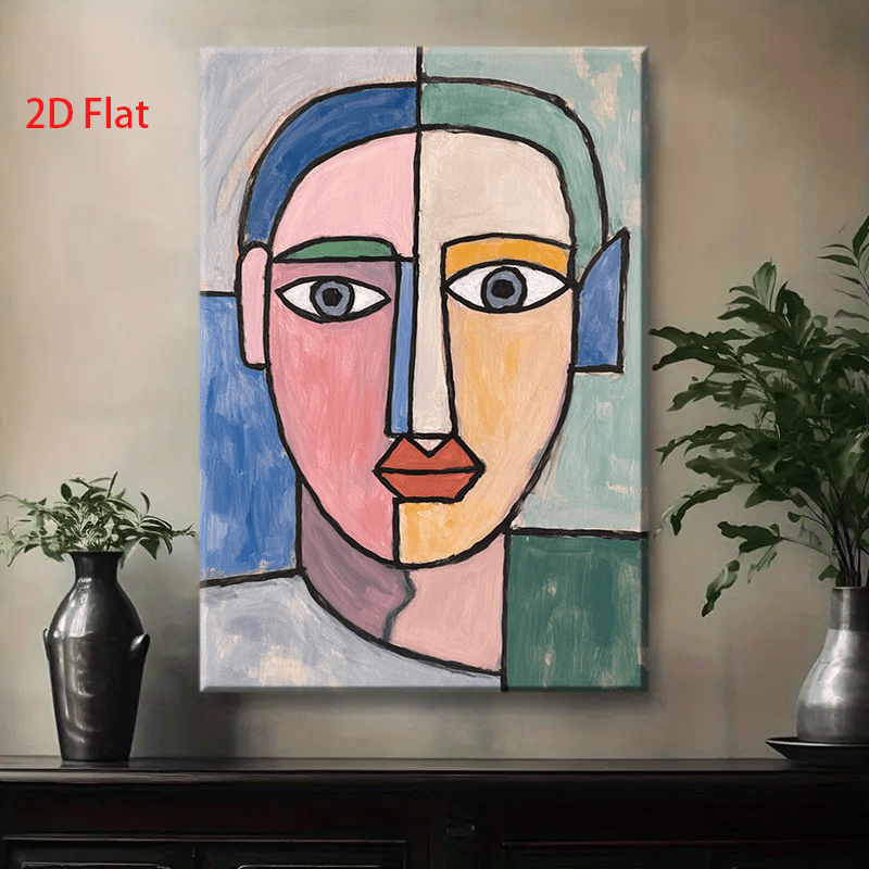 Modern Abstract Cubist Woman Face Wall Art - 2D Flat Color Block ...