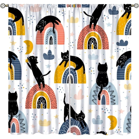 Modern Abstract Curtain,Black Cats and Colourful Rainbows Cute Animal Background Blackout Rod Pocket Window Drapes for Baby Kids Girls Bedroom Living Room Home 42"W x 63"L (Pack of 2)