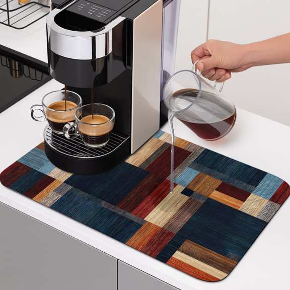 Modern Abstract Dish Drying Mats for Kitchen Counter, Geometric Architectural Art Color Blocks in Deep Navy Absorbent Coffee Bar Mat with Non-slip Rubber Backed Quick Drying Dish Rack Pad 12"x16"