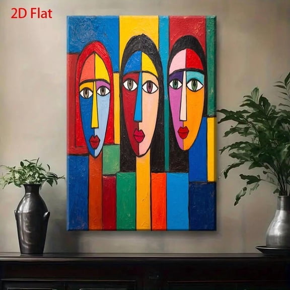 Modern Abstract Face Painting - Bold Red, Yellow, Green, Blue, Black, White, Brown, Gray, Beige - Wrapped Canvas Framed Wall Art Poster - Minimalist Contemporary Living Room