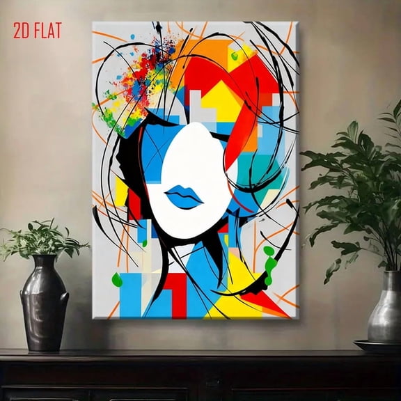 Modern Abstract Face Painting - Minimalist Woman Portrait with Black Lines, Red, Blue, Yellow, Black Ink Splash Background - Flat Canvas Wall Art Poster for Living Room