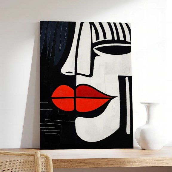 Modern Abstract Face Red Lips Canvas Wall Decor Ready to Hang Living Room