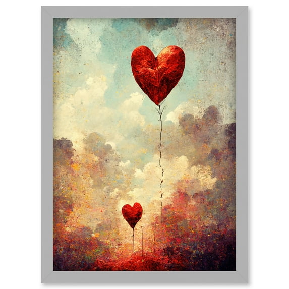 Modern Abstract Floating Red Love Heart Balloons Artwork Framed Wall Art Print A4