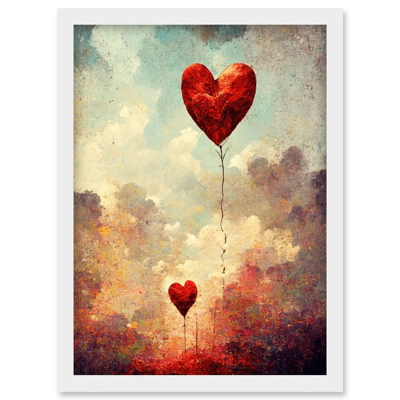 Modern Abstract Floating Red Love Heart Balloons Artwork Framed Wall Art Print A4